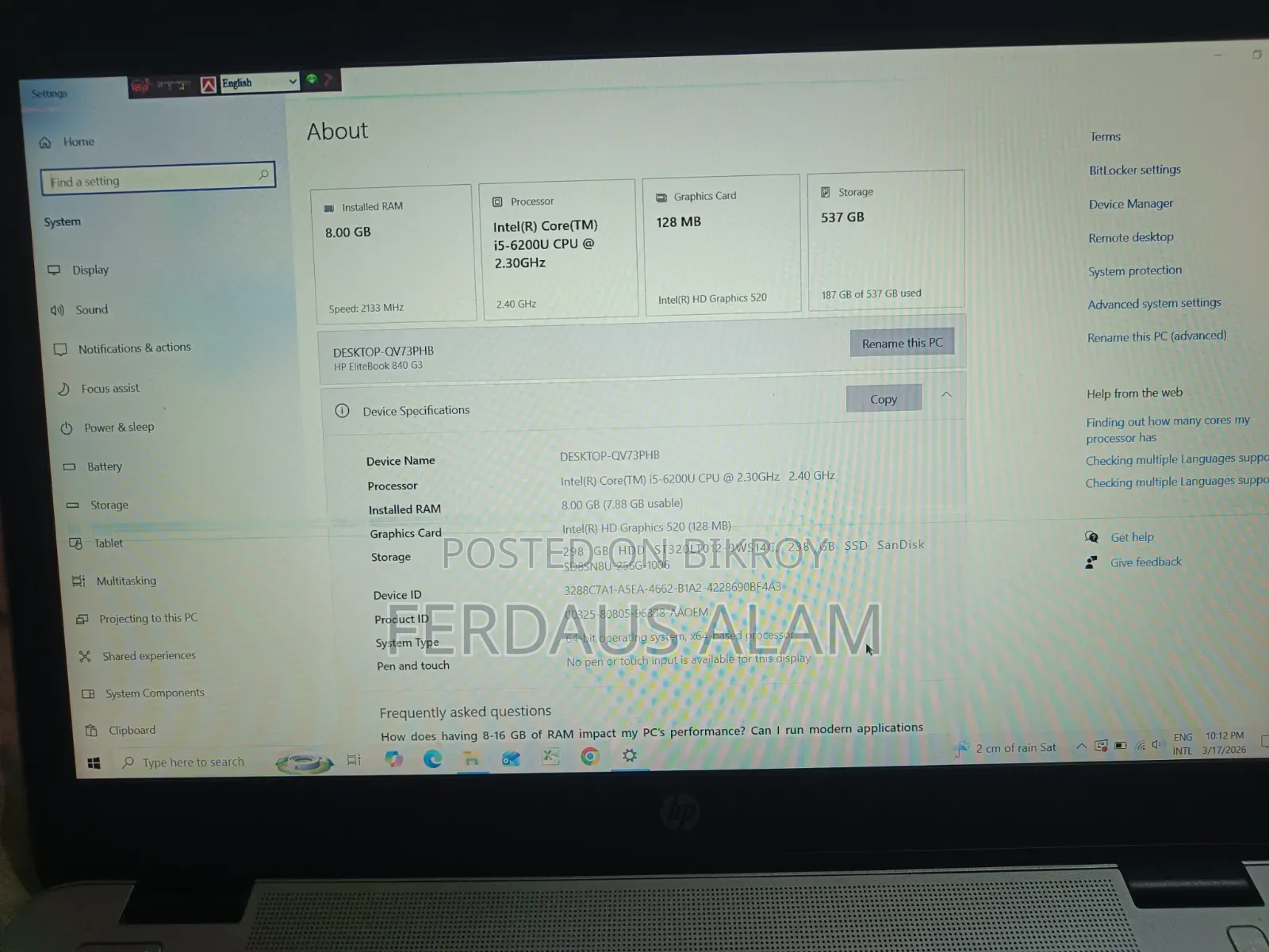 Laptop HP EliteBook 840 G3 256GB Intel Core I5 SSD 256GB