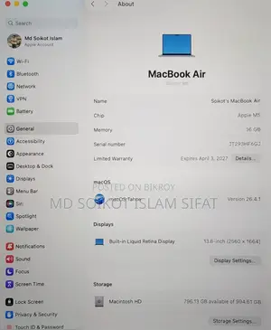 New Laptop Apple MacBook Air 2026 M5 13-Inch 16GB Apple M5 SSD 1T