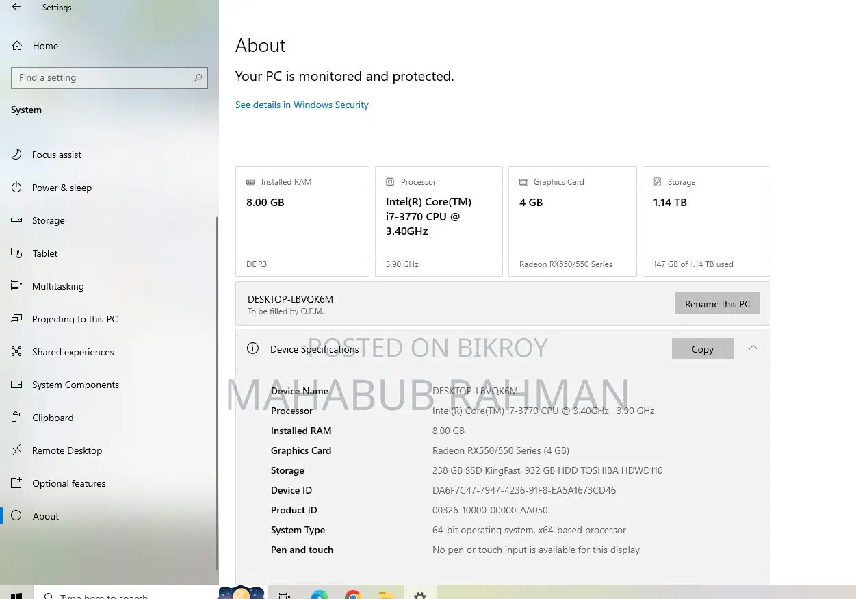 Desktop Computer 8GB Intel Core I7 HDD+SSD 256GB