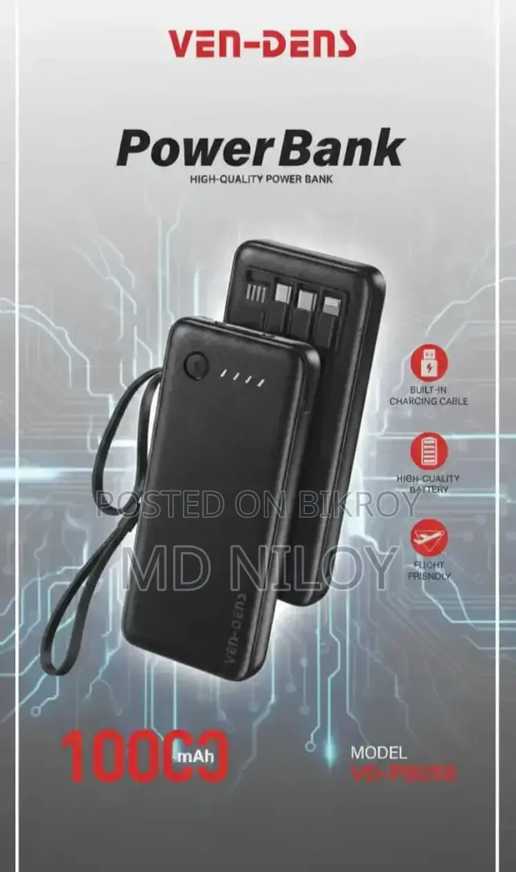 Ven-Dens Vd-Pb058 10000mah High-Quality Power Bank With Built-In Cable