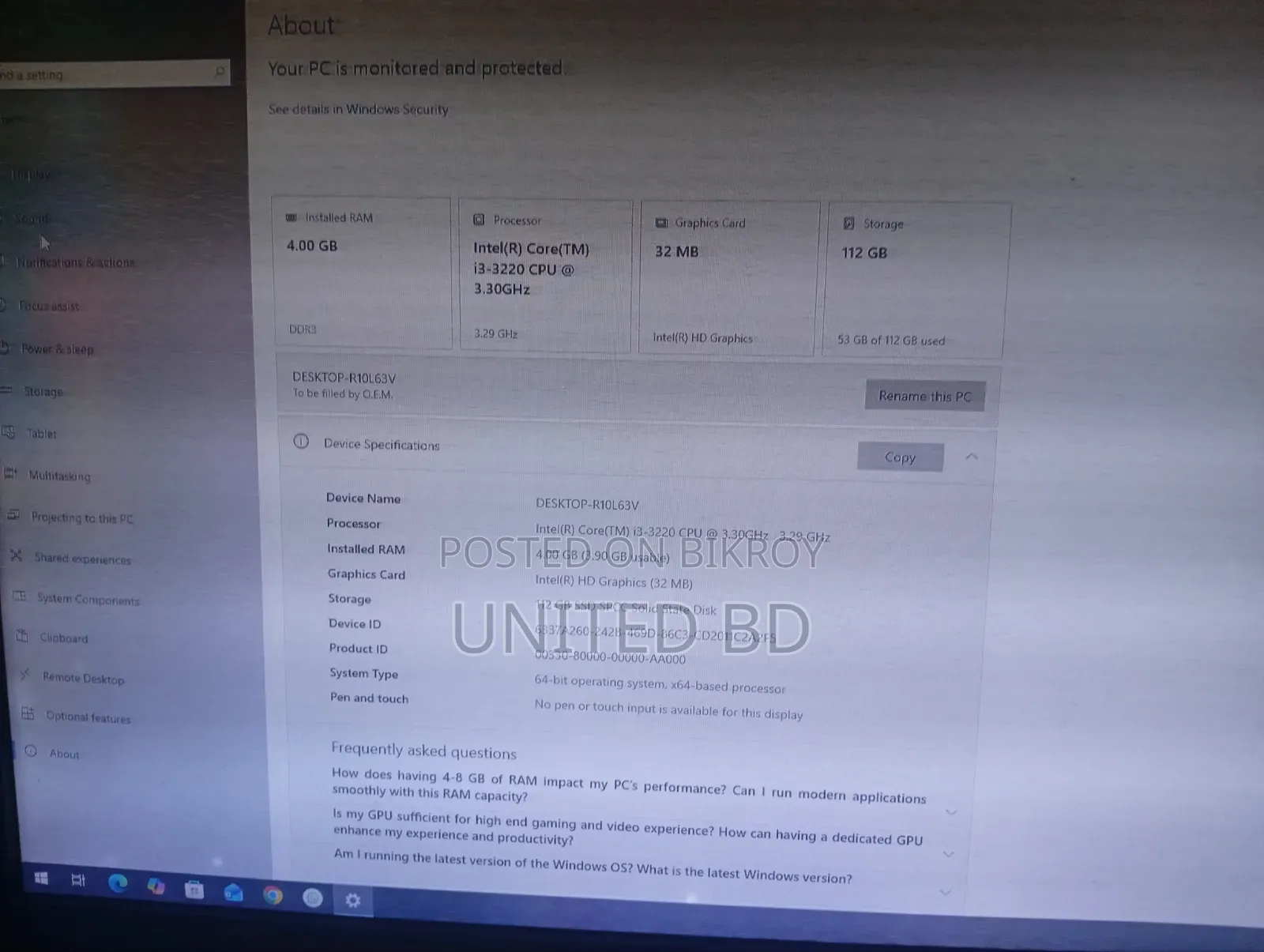 Desktop Computer 4GB Intel Core I3 SSD 128GB