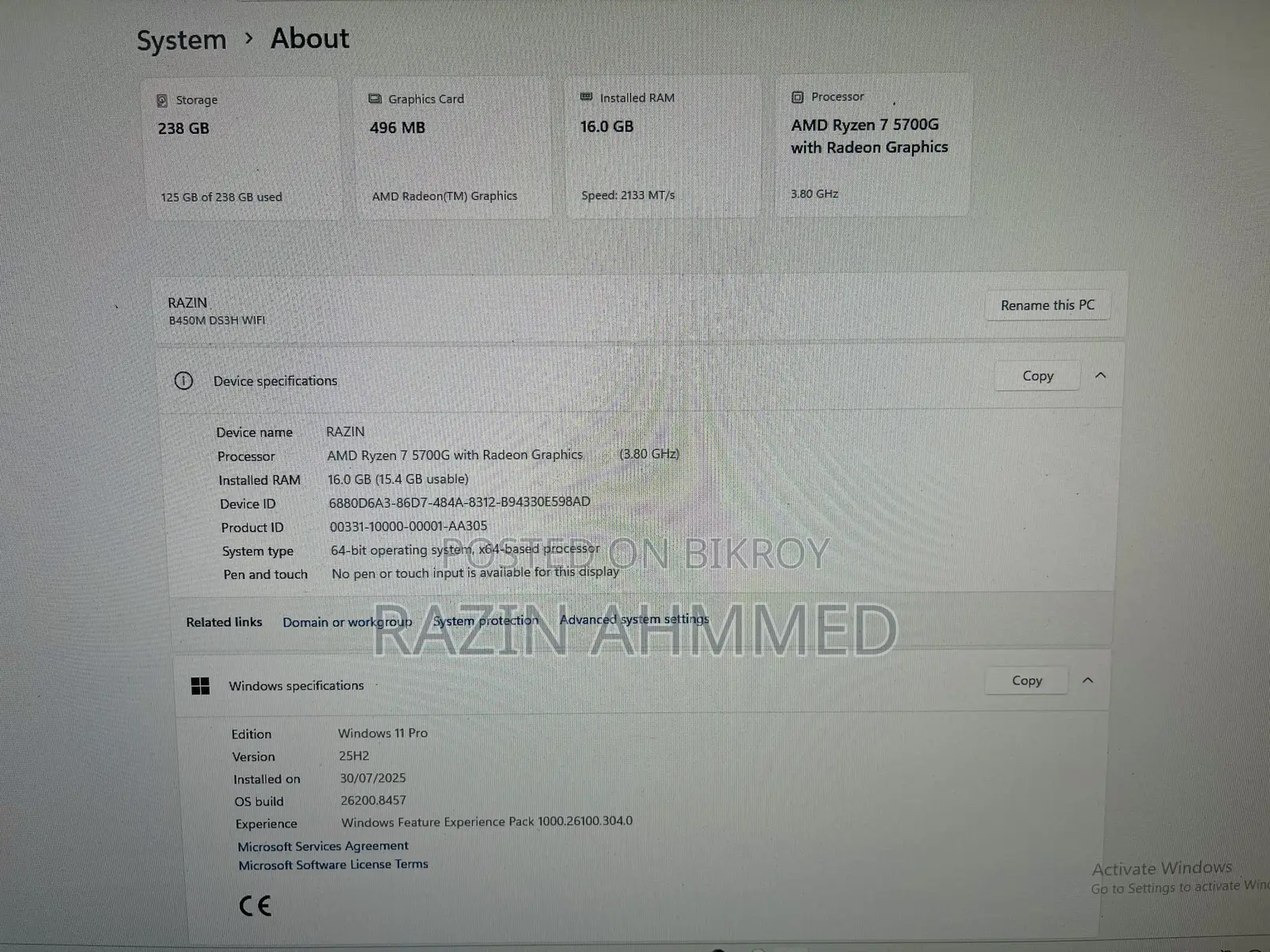 Desktop Computer 16GB AMD Ryzen 7 SSD 256GB