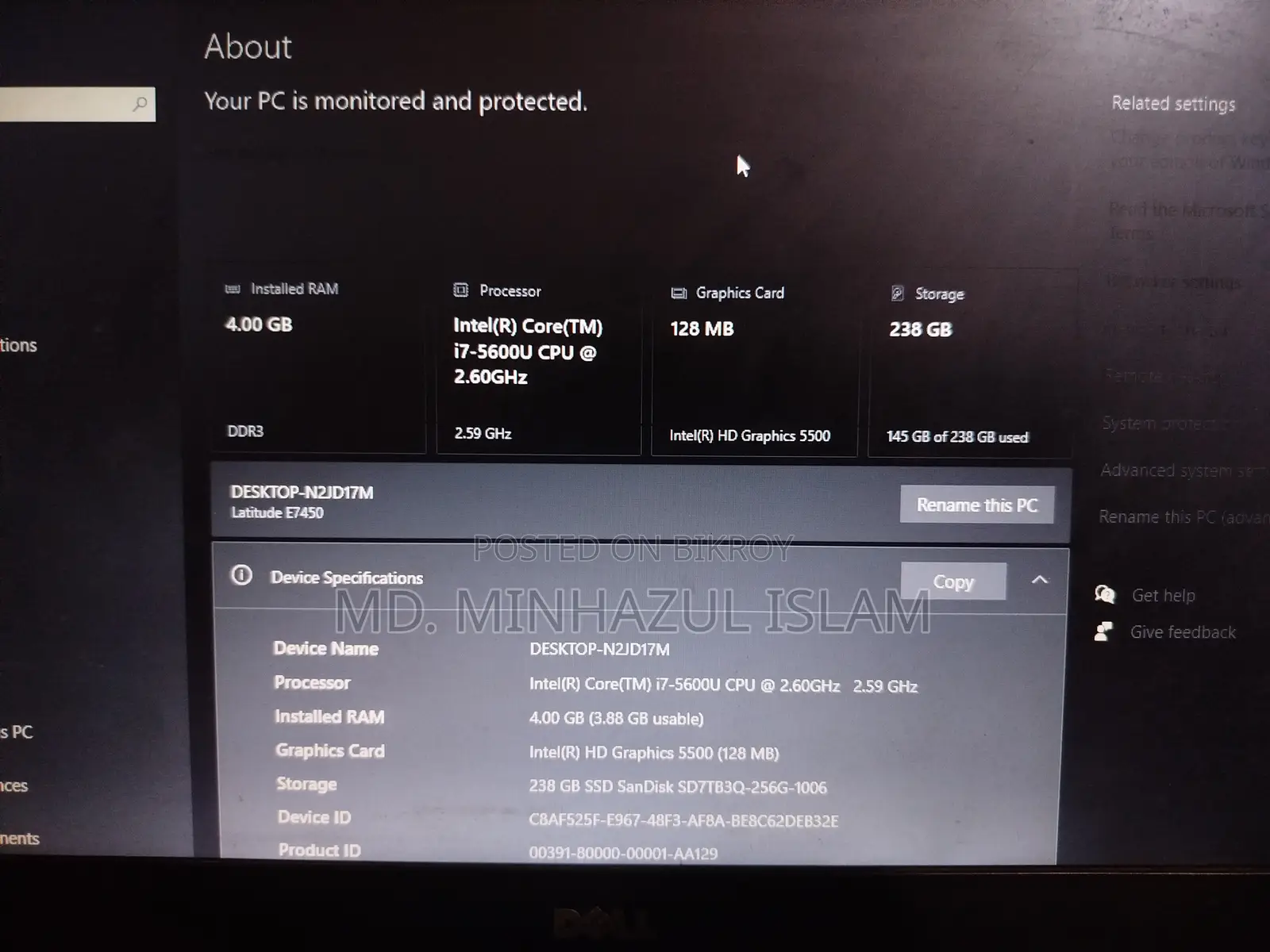Laptop Dell Latitude 7450 4GB Intel Core I7 SSD 256GB