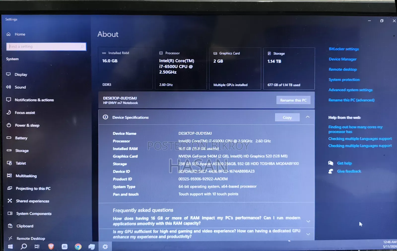 Laptop HP 16GB Intel Core I7 SSD 256GB