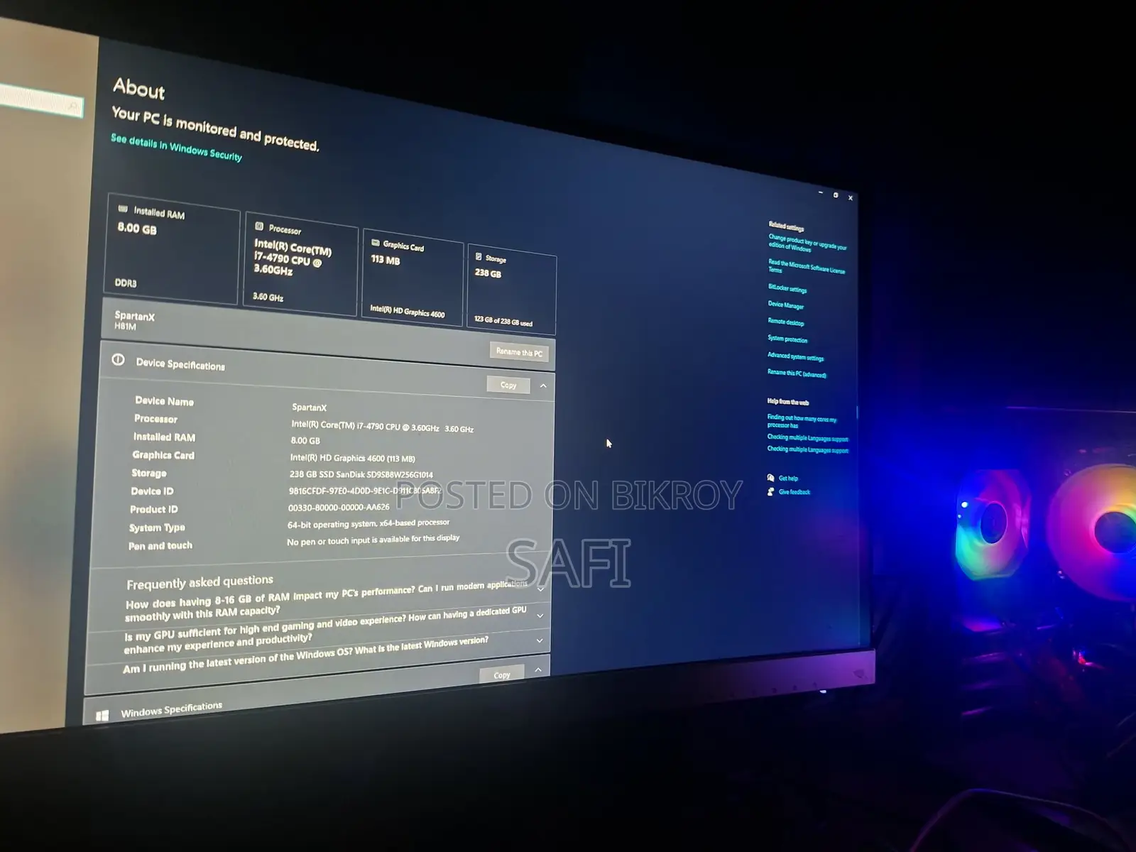 Desktop Computer 8GB Intel Core I7 SSD 256GB