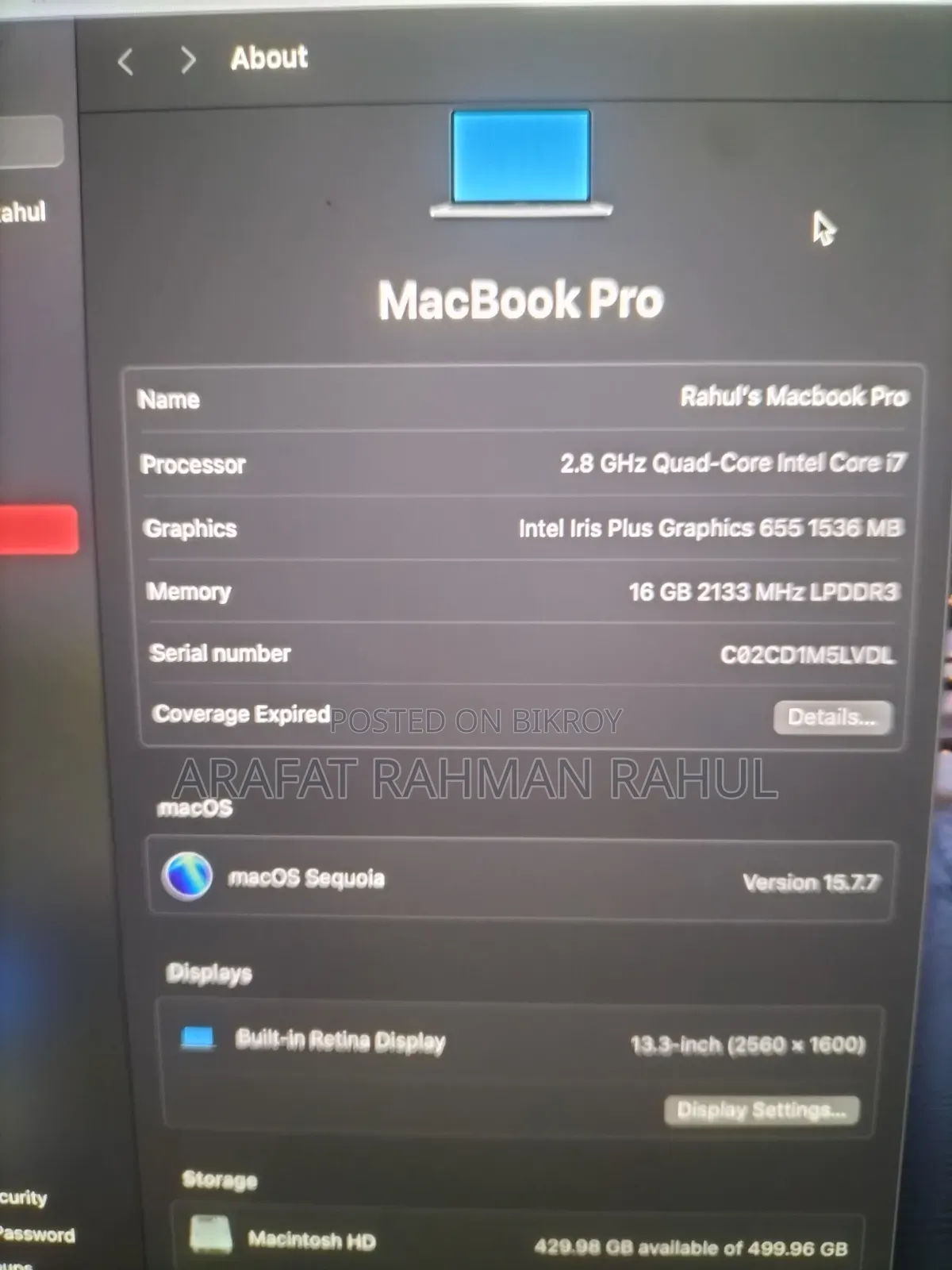 ল্যাপটপ Apple MacBook 2019 16GB Intel Core I7 SSD 512GB
