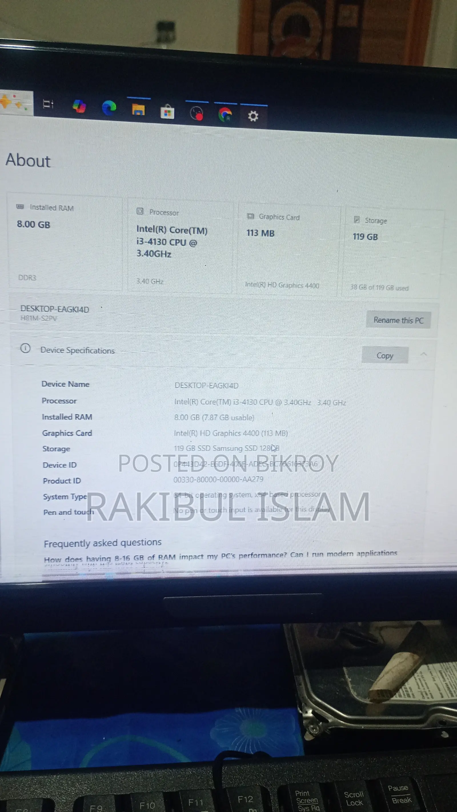 Desktop Computer Gigabyte GB-BACE-3010 8GB Intel Core I3 SSD 128GB