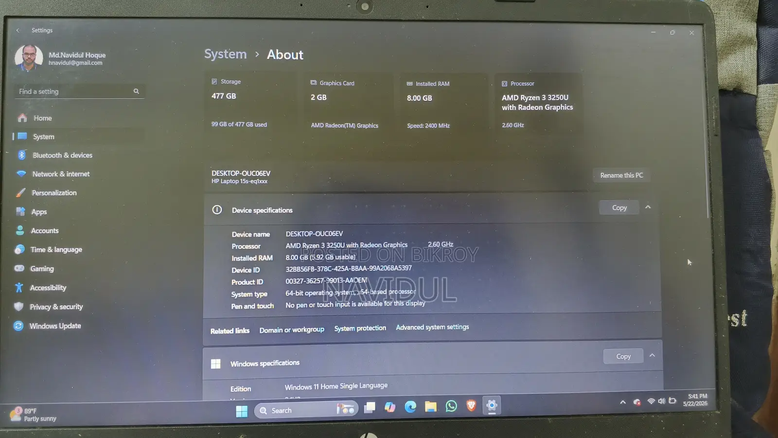 Laptop HP 15s 8GB AMD Ryzen 3 SSD 512GB