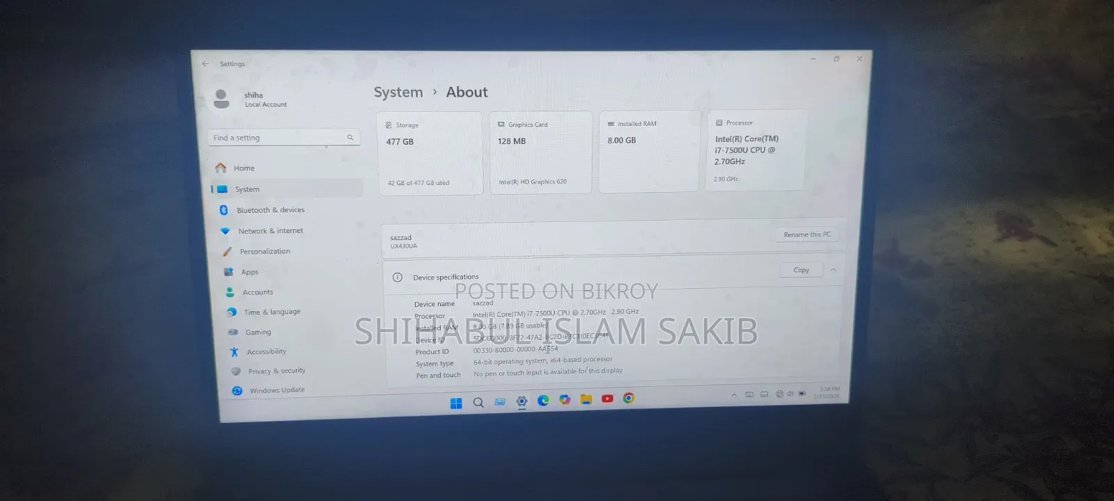 Laptop Asus ZenBook UX430UA 8GB Intel Core I7 SSD 512GB