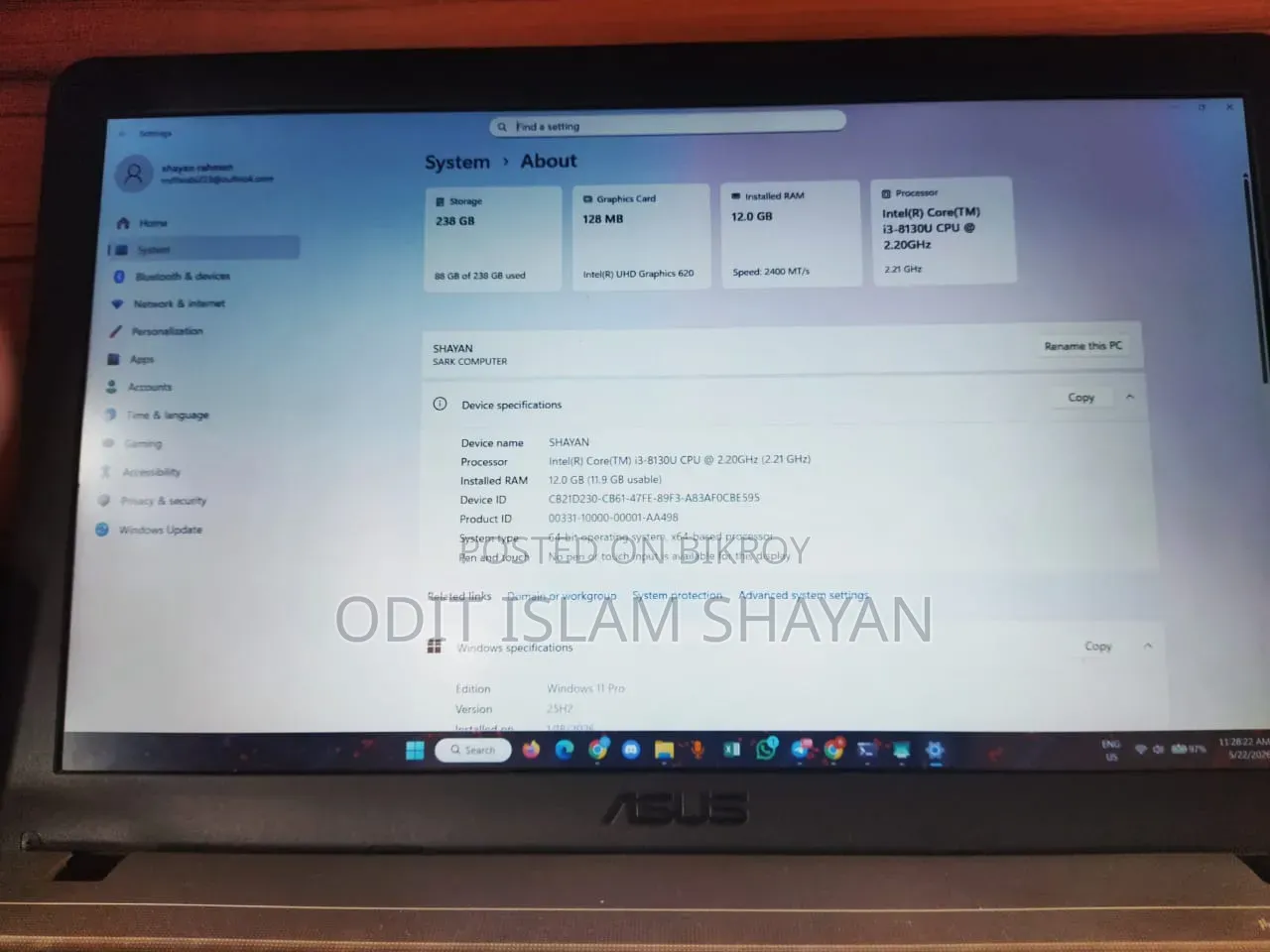 Laptop Asus 4GB Intel Core I3 SSD 256GB