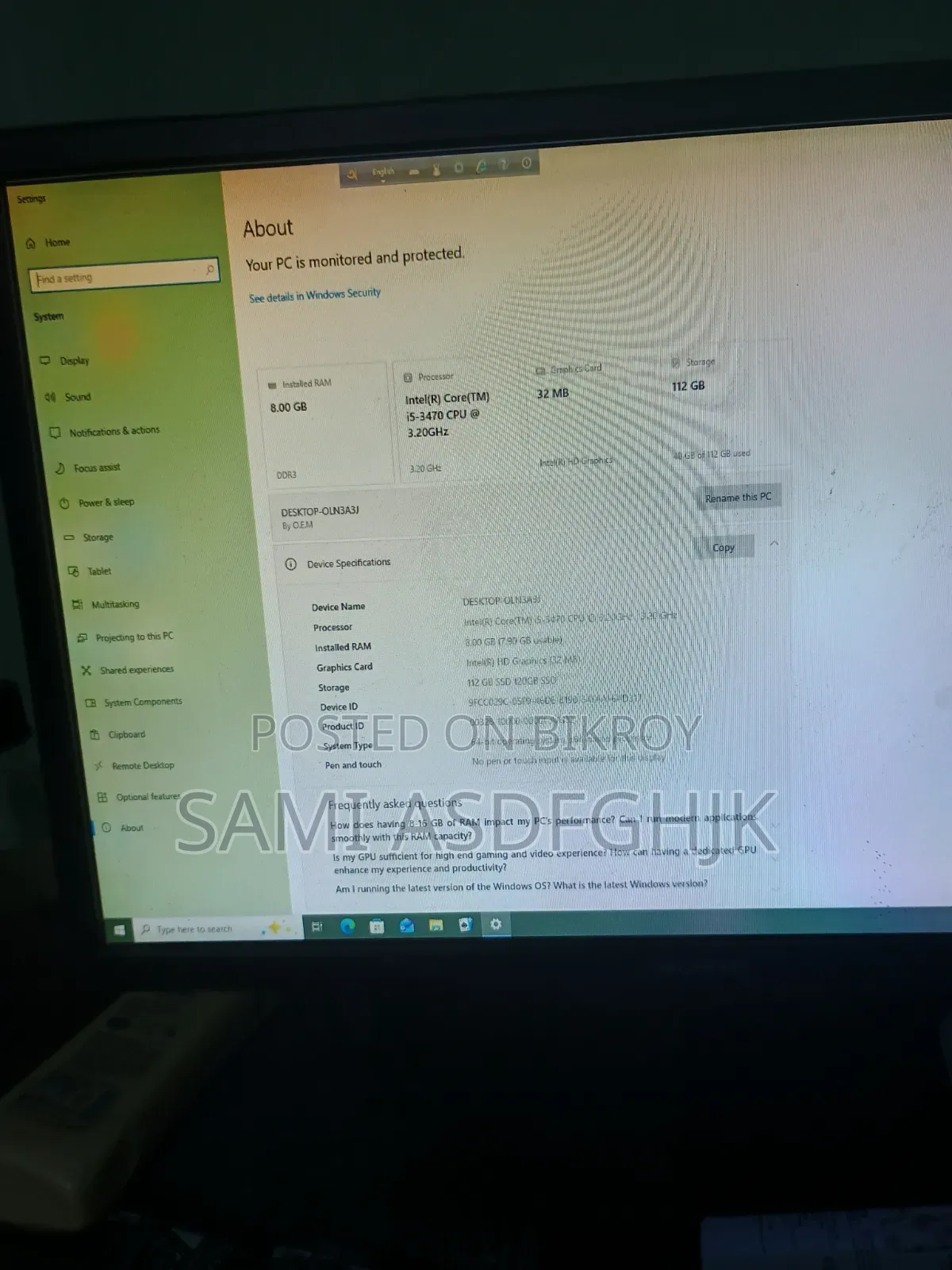 Desktop Computer 8GB Intel Core I3 SSD 140GB