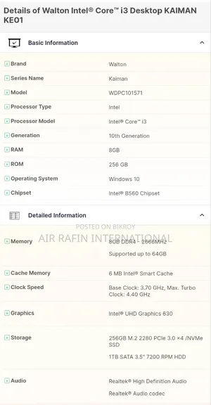 Desktop Computer 8GB Intel Core I3 HDD 256GB