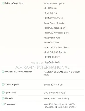 Desktop Computer 8GB Intel Core I3 HDD 256GB