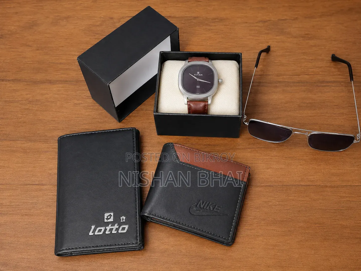 Titan Watch + Sunglasses + 2 Wallets | Men's Premium Combo Package
