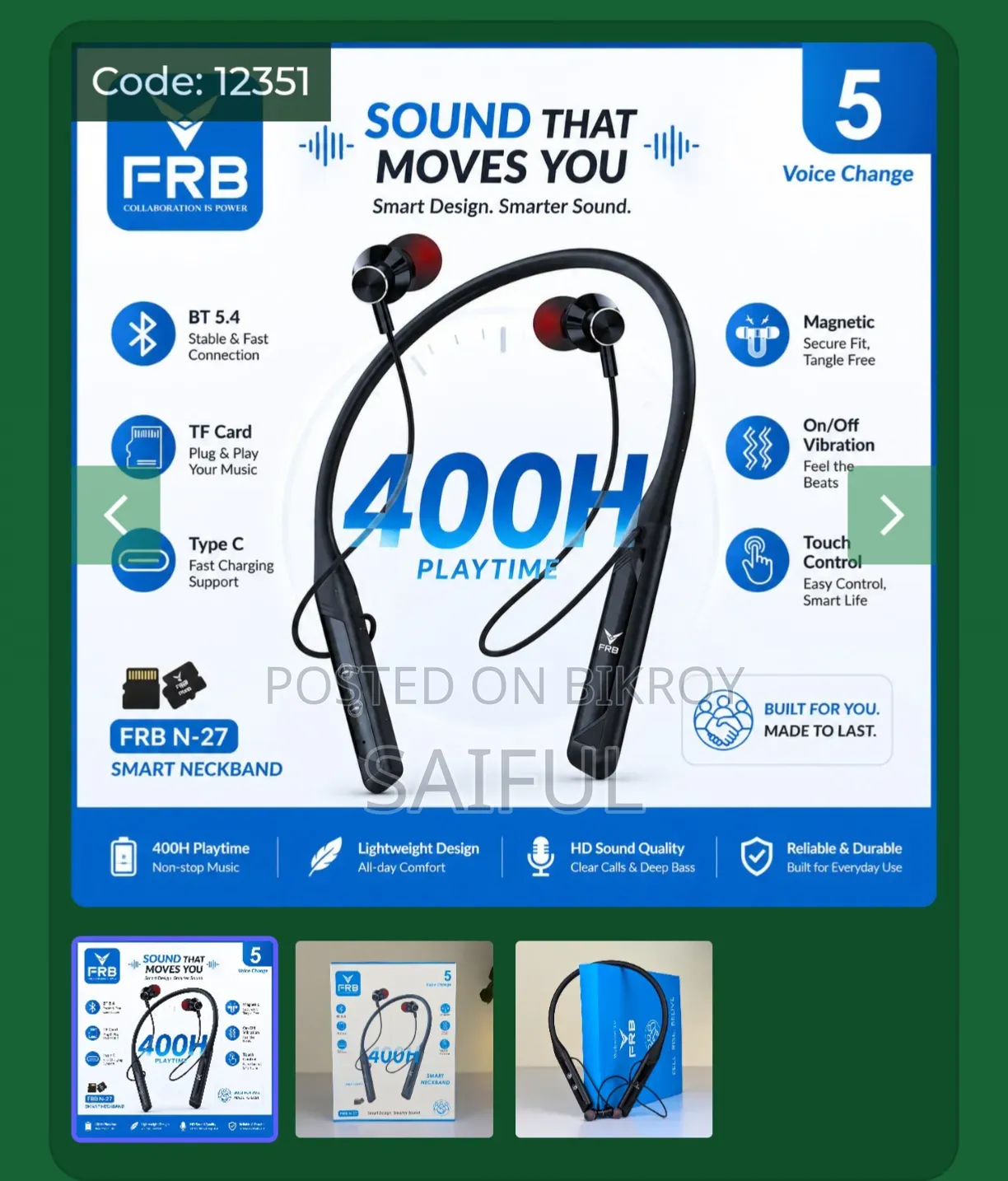 FRB-N27 Wireless Neckband – 400h