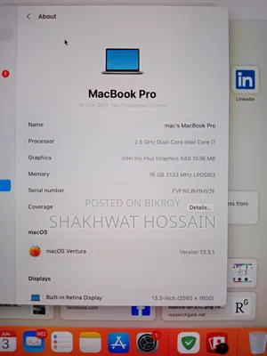 Laptop Apple MacBook 2018 16GB Intel Core I7 HDD+SSD 16 GB