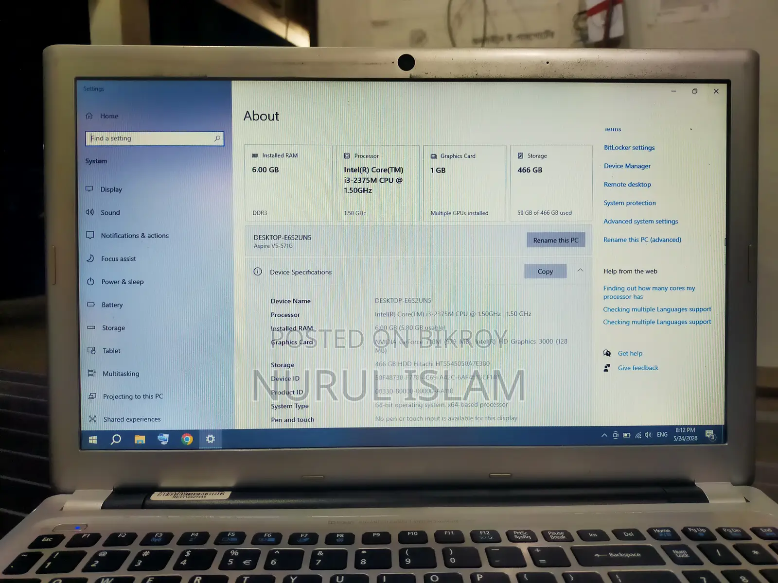 Laptop Acer Aspire V5-571 6GB Intel Core I3 HDD 500GB