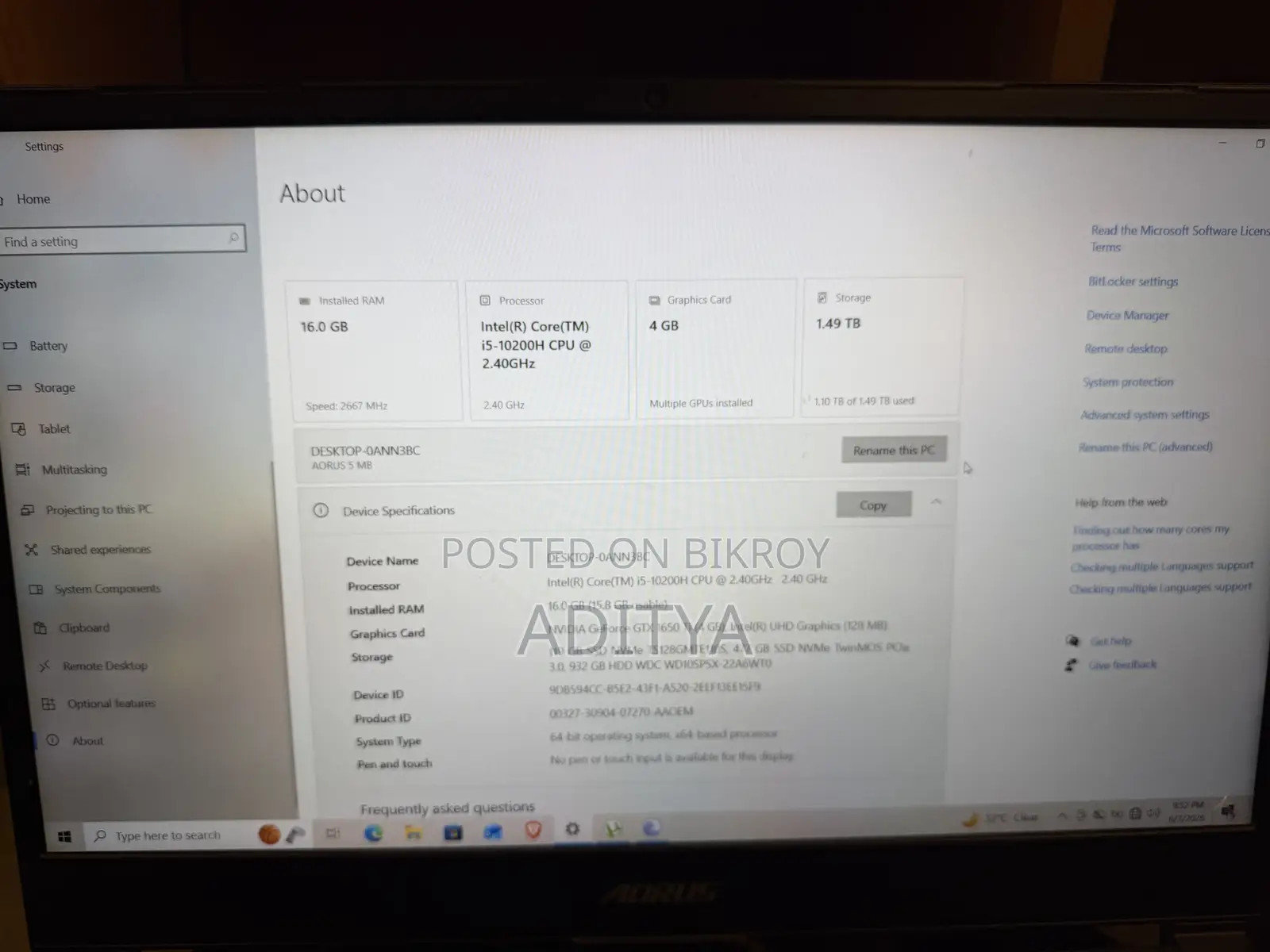 Laptop Gigabyte AORUS 5 16GB Intel Core I5 HDD+SSD 1.5T