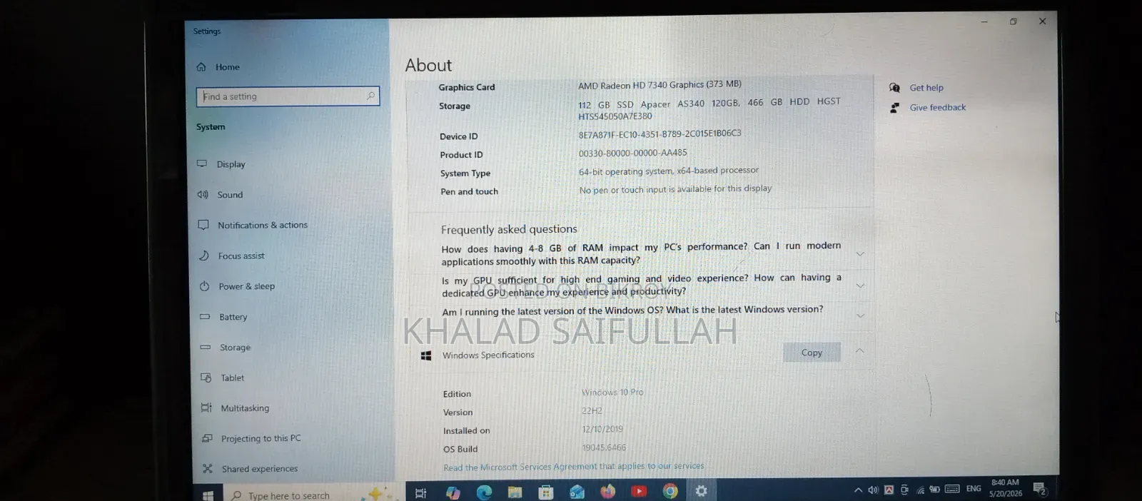 Laptop Samsung 4GB RAM 500GB SSD