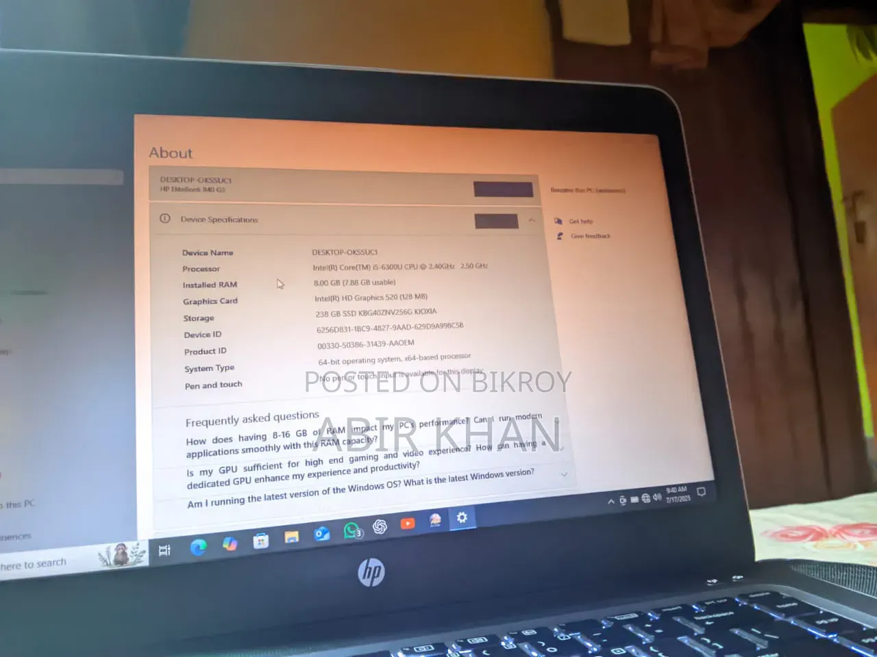 Laptop HP EliteBook 840 G3 8GB Intel Core I5 eMMC 256GB