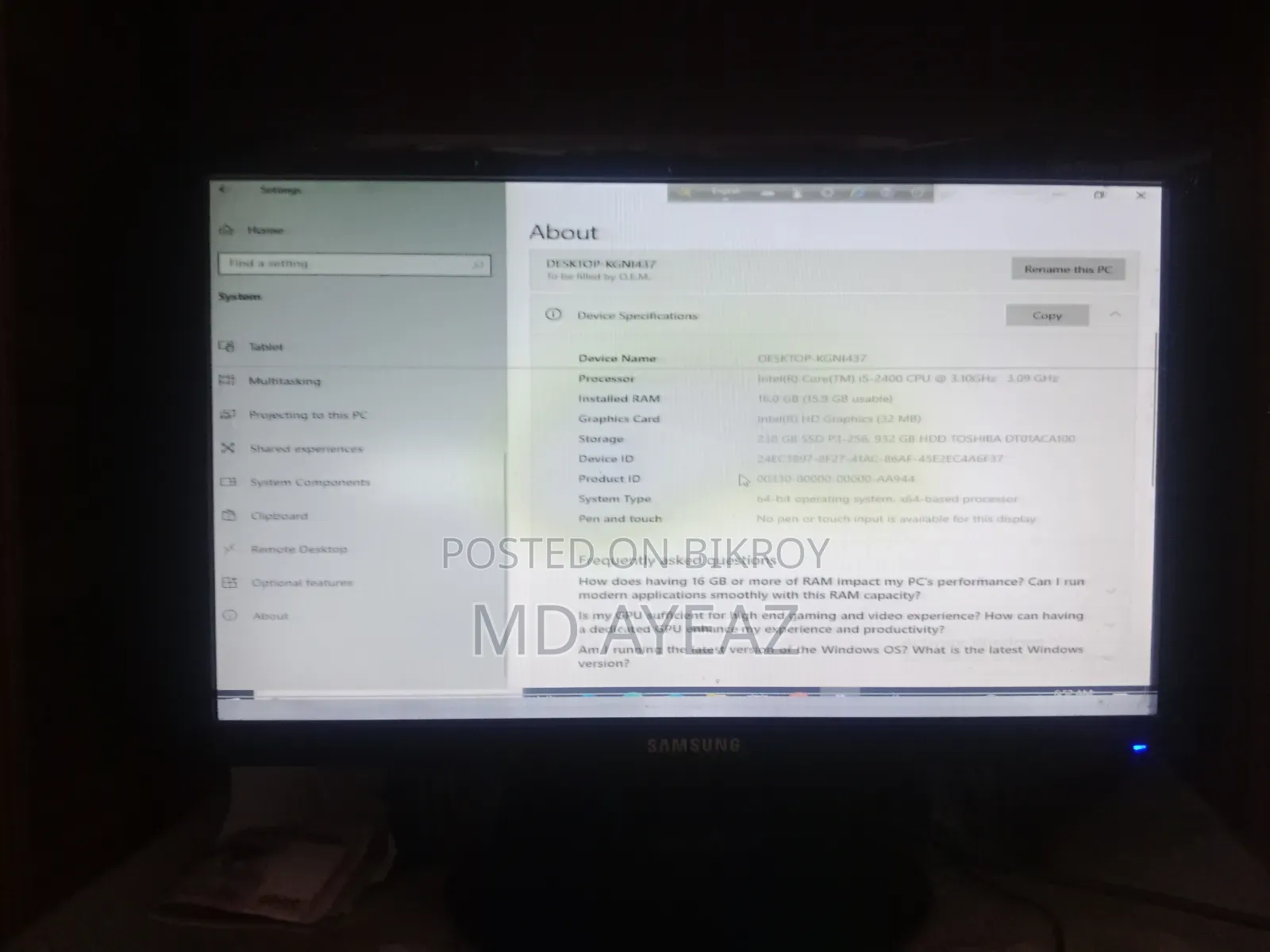 Desktop Computer Asus 16GB Intel Core I5 SSD 256GB
