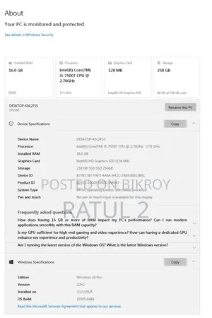 Desktop Computer 16GB Intel Core I5 SSD 256GB
