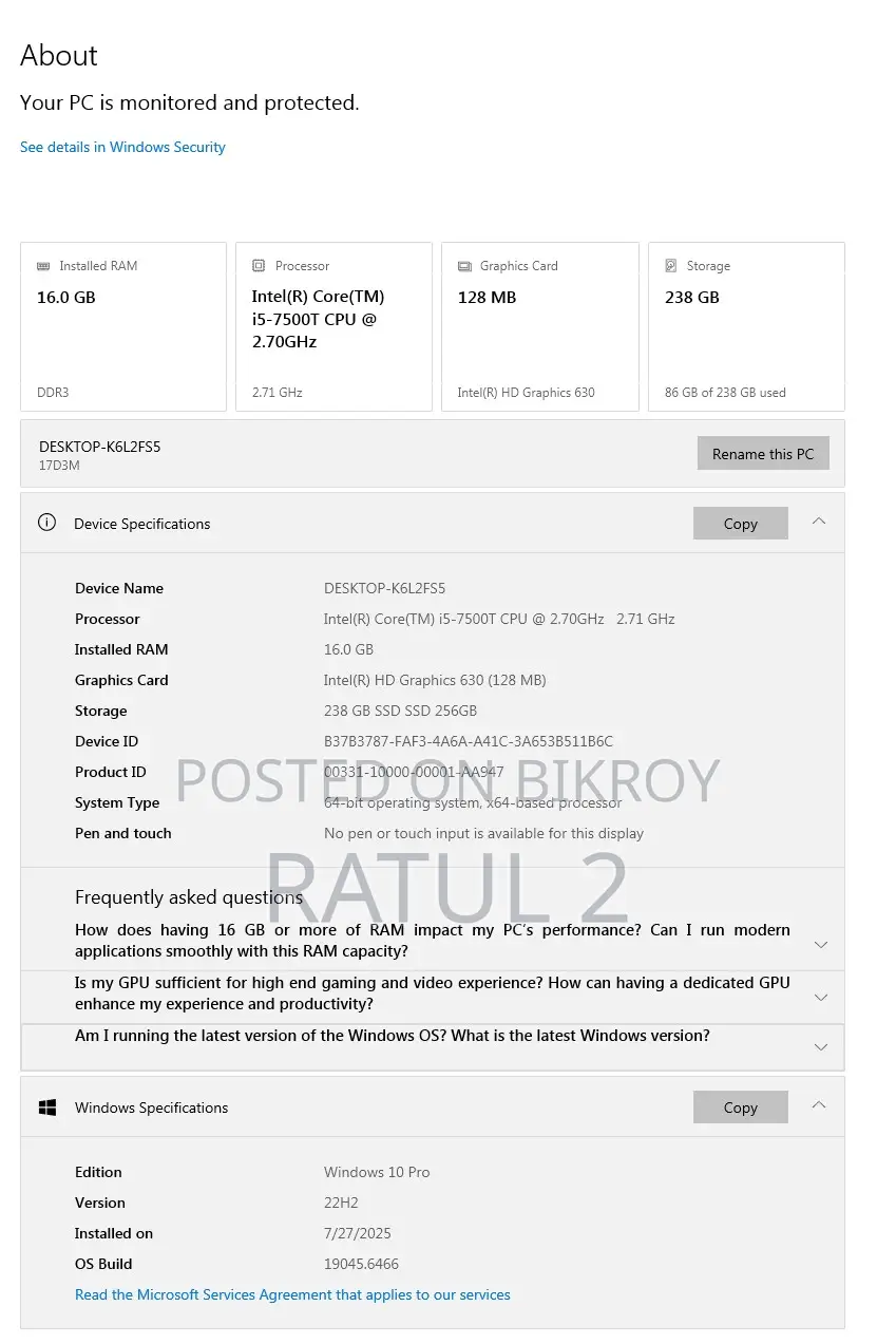 Desktop Computer 16GB Intel Core I5 SSD 256GB