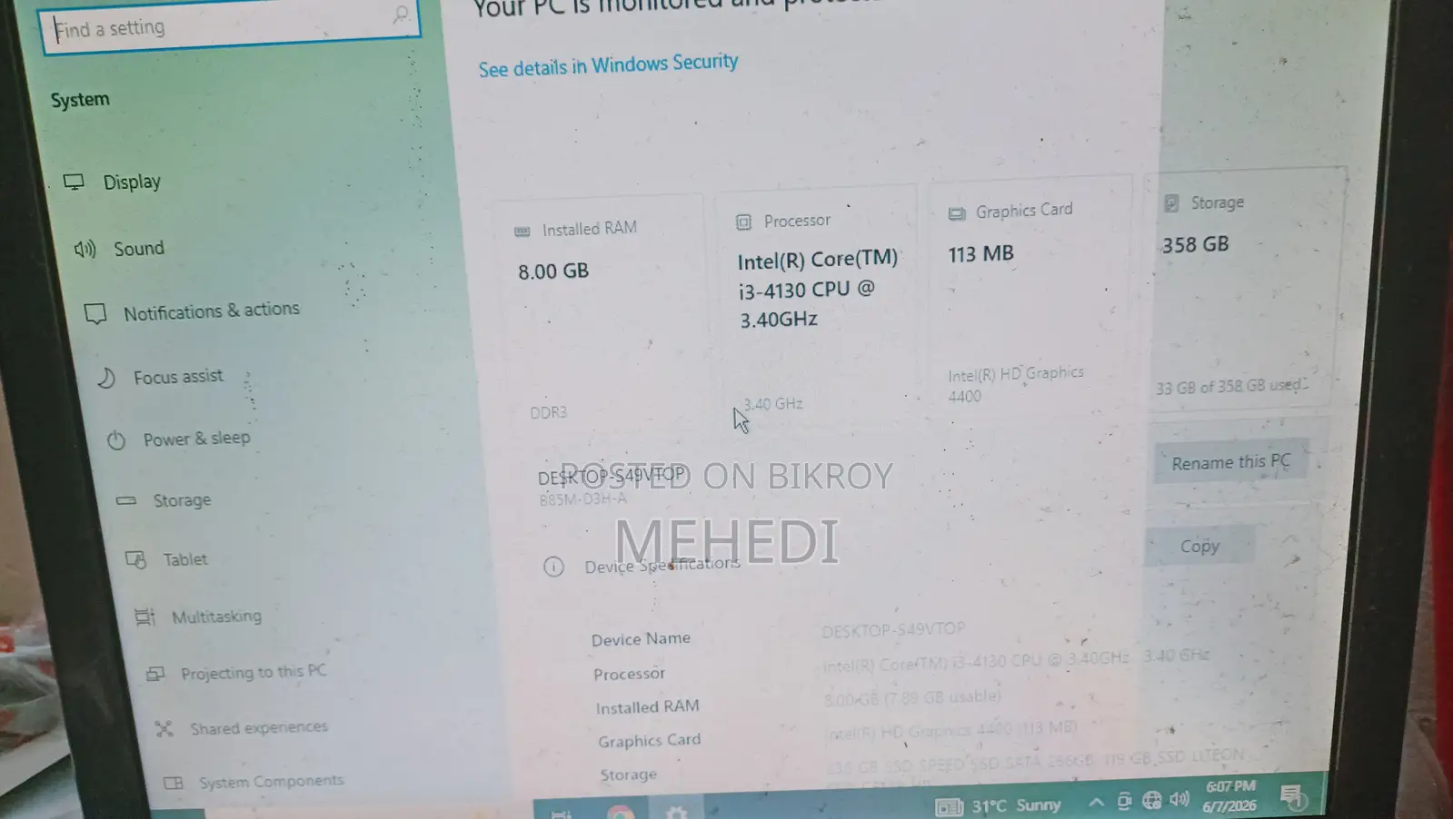 Desktop Computer Gigabyte GB-XM1-3537 8GB Intel Core I3 SSD 4T