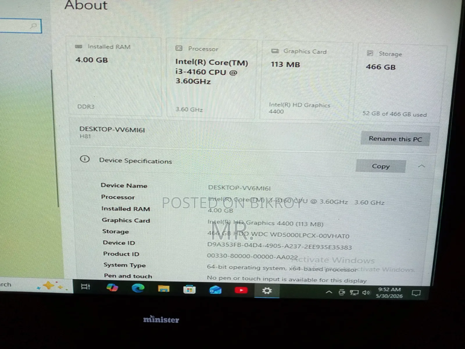 Desktop Computer 4GB Intel Core I3 SSD 512GB