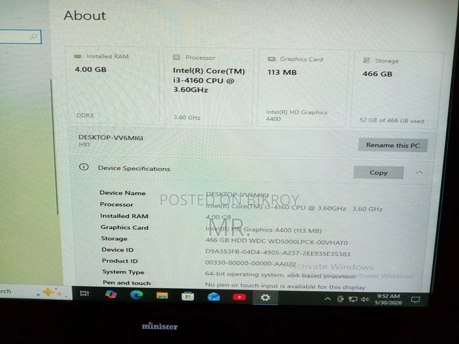Desktop Computer 4GB Intel Core I3 SSD 512GB