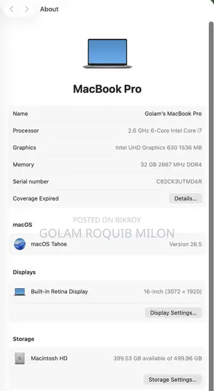 Laptop Apple MacBook Pro 2019 32GB Intel Core I7 SSD 512GB