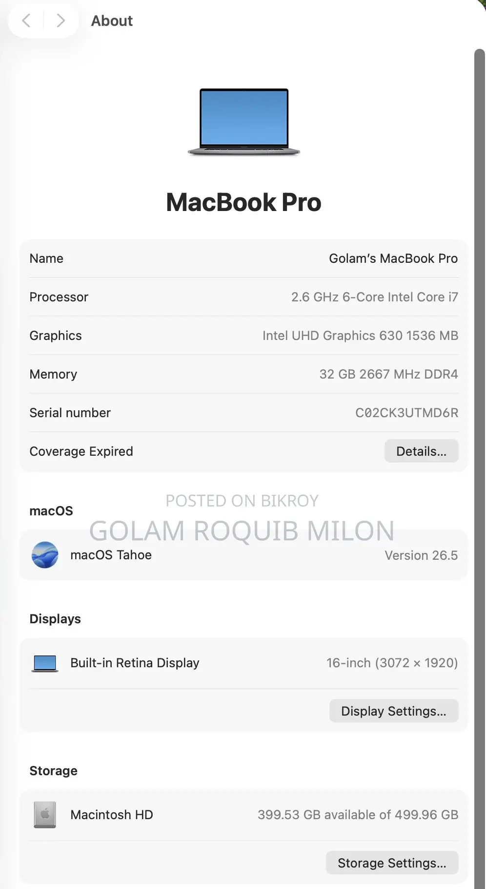 Laptop Apple MacBook Pro 2019 32GB Intel Core I7 SSD 512GB