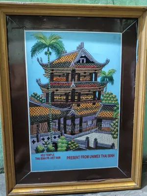 Vintage Embroidery Temple Artwork With Wooden Frame.