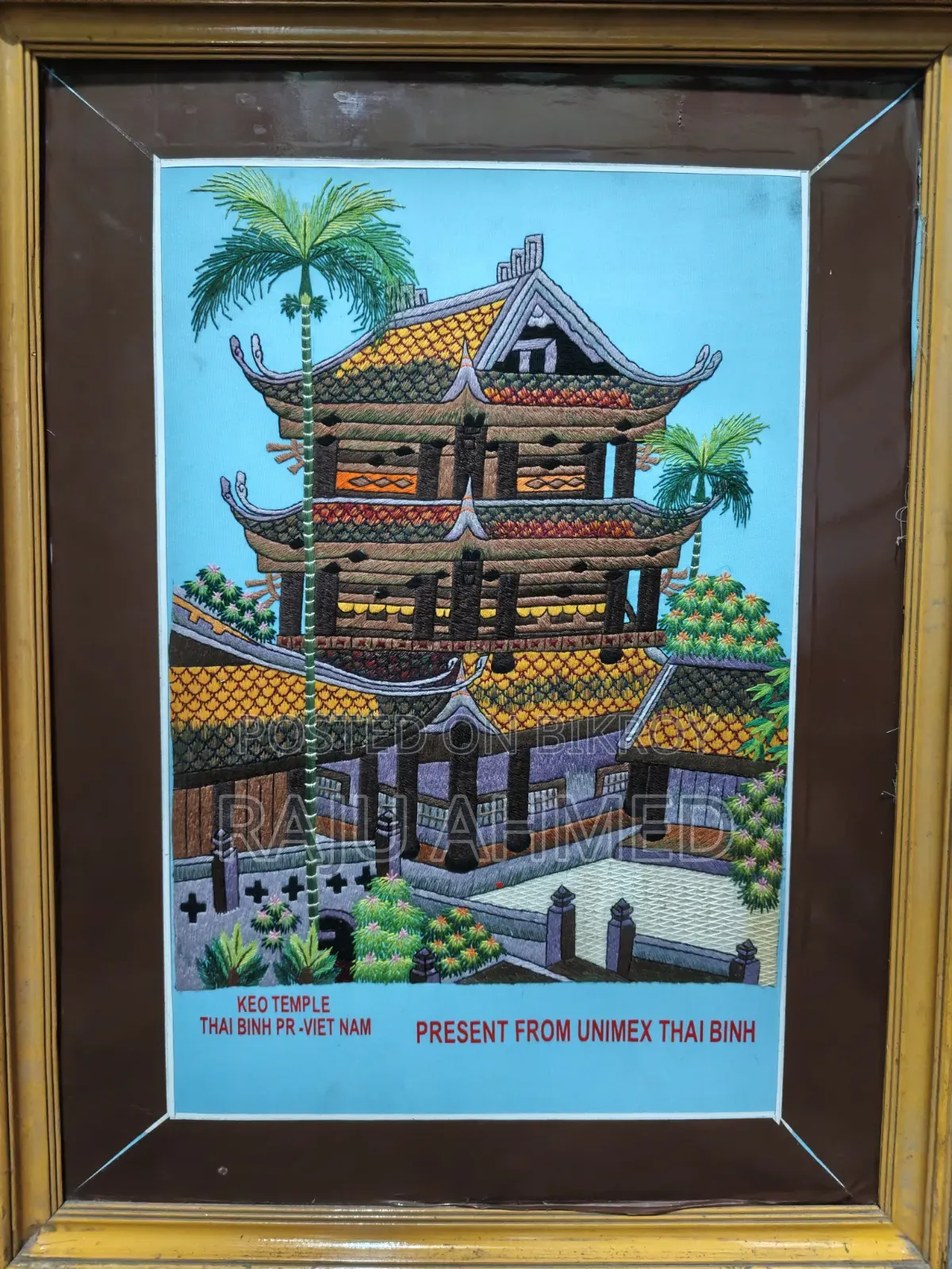 Vintage Embroidery Temple Artwork With Wooden Frame.
