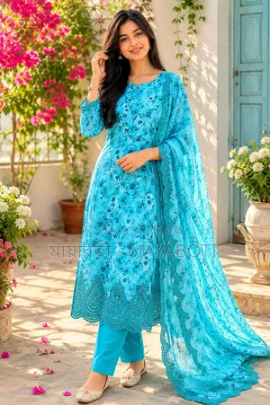 Premium Cotton Three Piece for Women | Sky Blue Floral Design