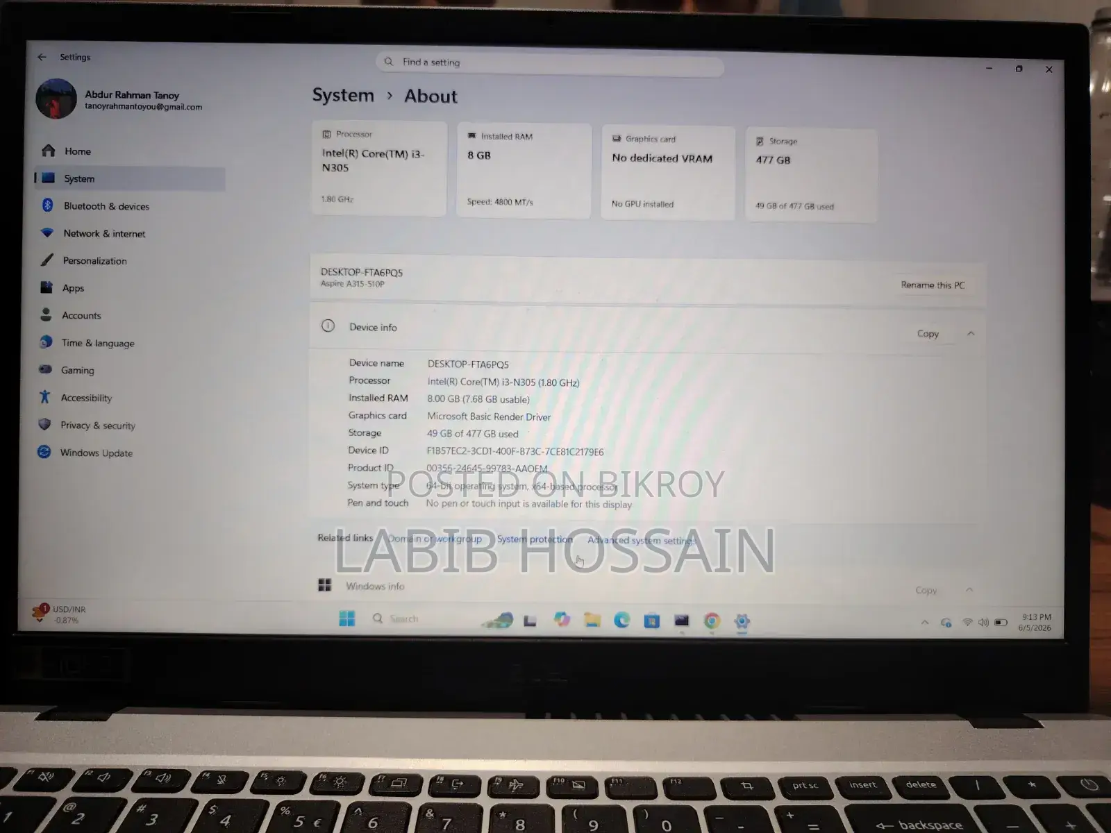Laptop Acer Aspire 3 8GB Intel Core 3 SSD 512GB