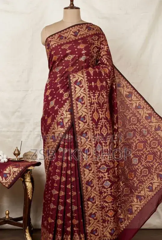 Maroon and Gold Tasar Jamdani Saree Premium Traditional