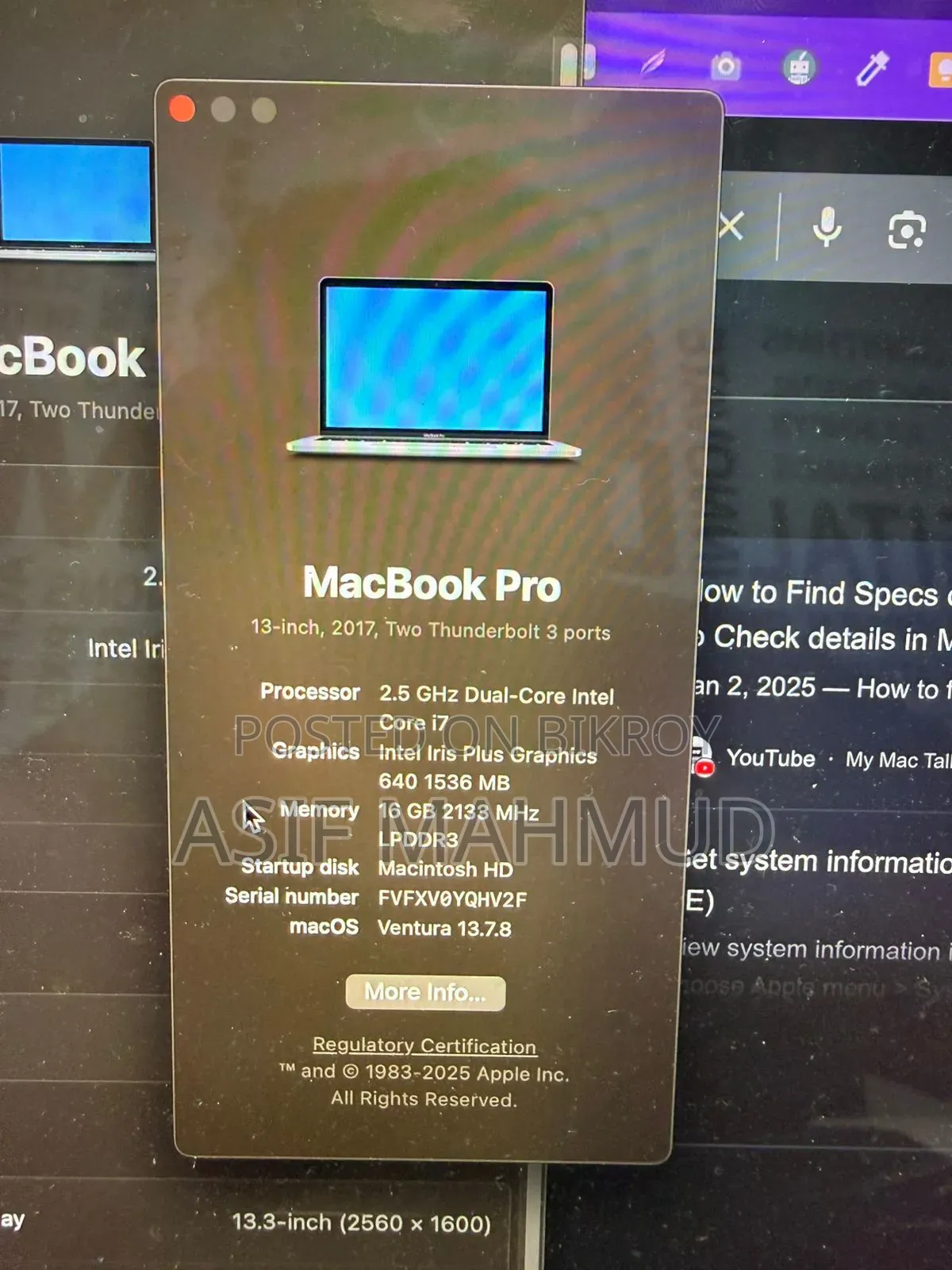 Laptop Apple MacBook Pro 2017 16GB Intel Core I7 SSD 256GB