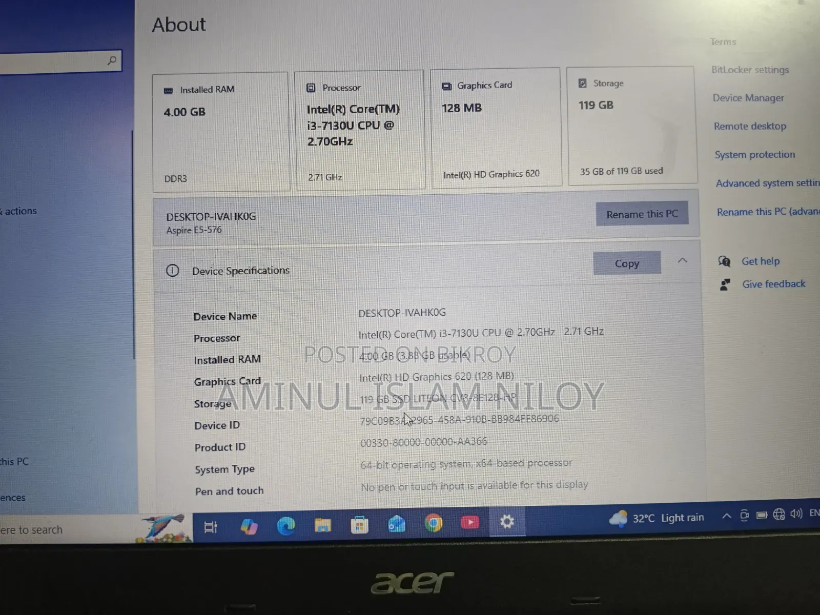 Laptop Acer Aspire E5-576 4GB Intel Core I3 SSD 128GB
