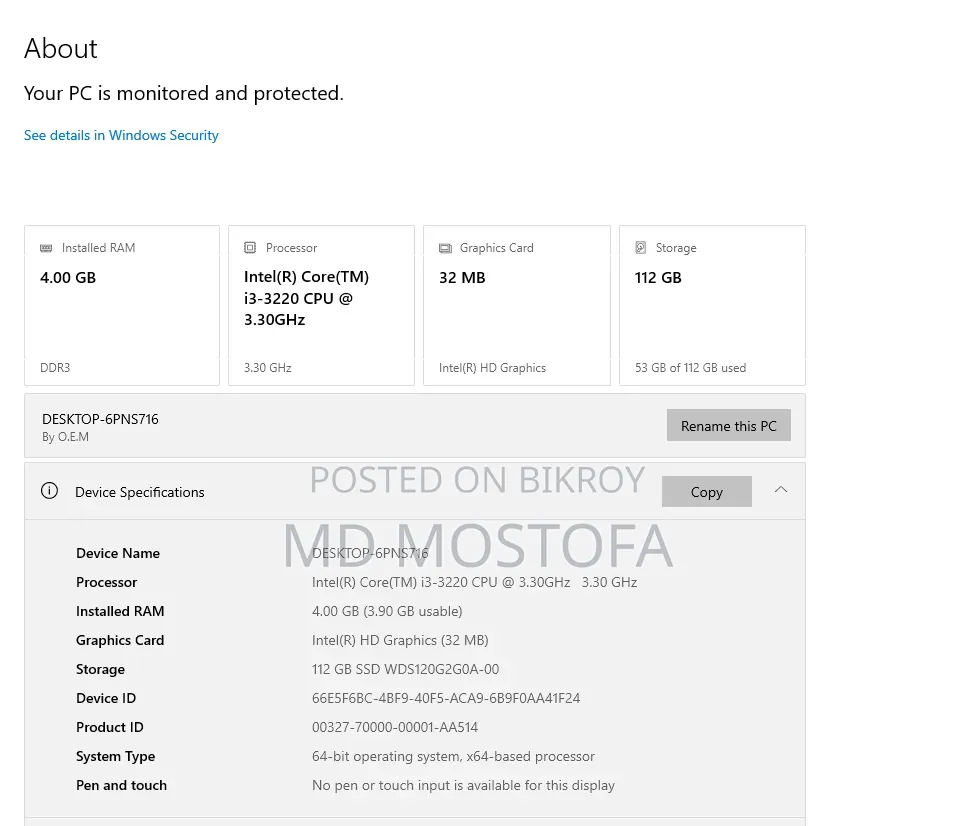 Desktop Computer 4GB Intel Core I3 SSD 128GB