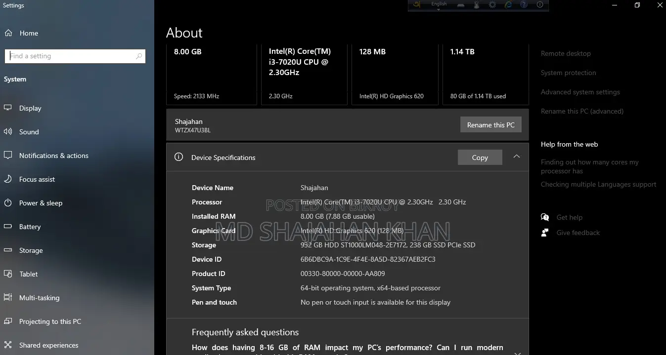 Laptop 8GB Intel Core I3 HDD+SSD 1T