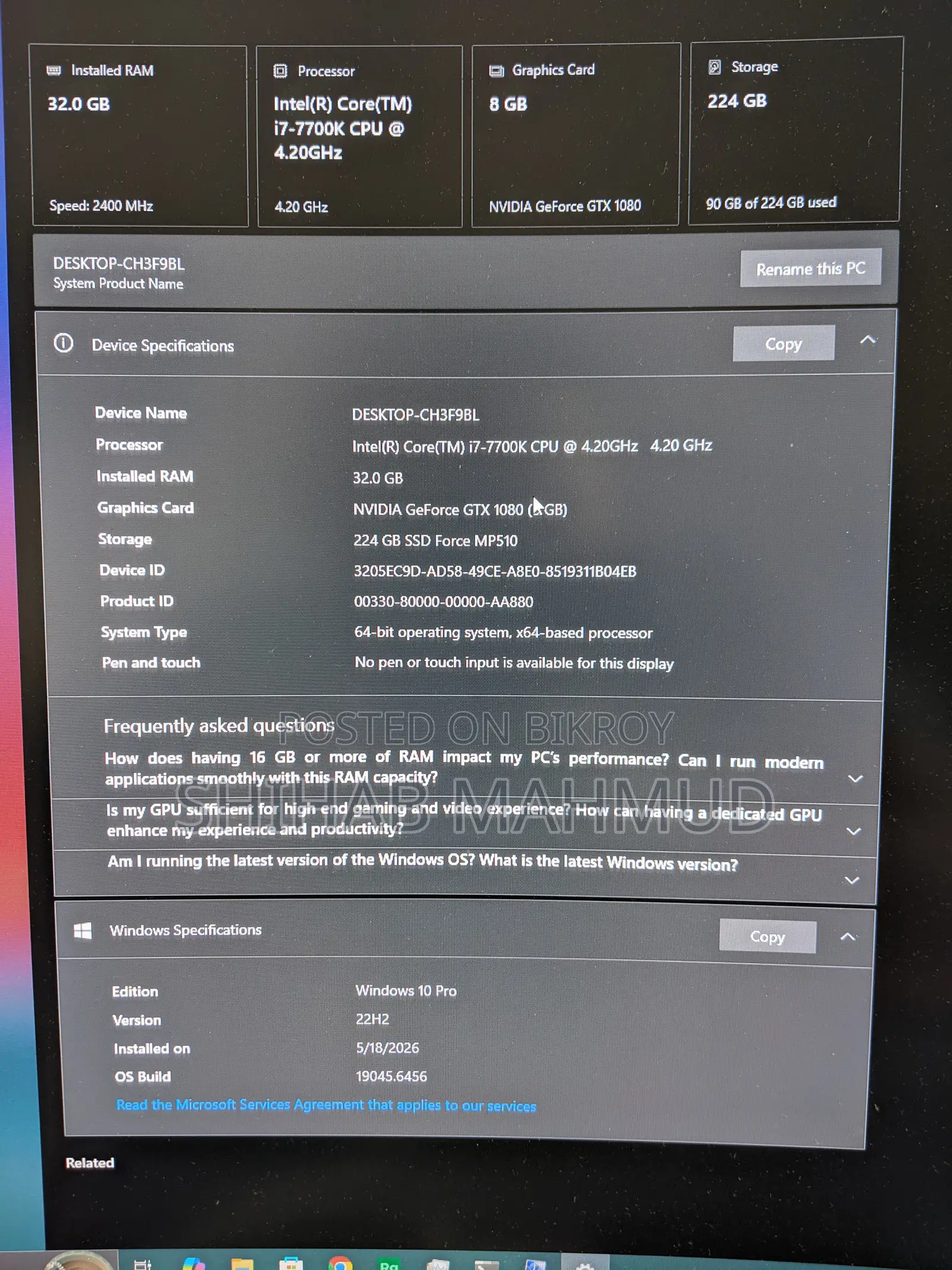 Desktop Computer 32GB Intel Core I7 SSD 256GB