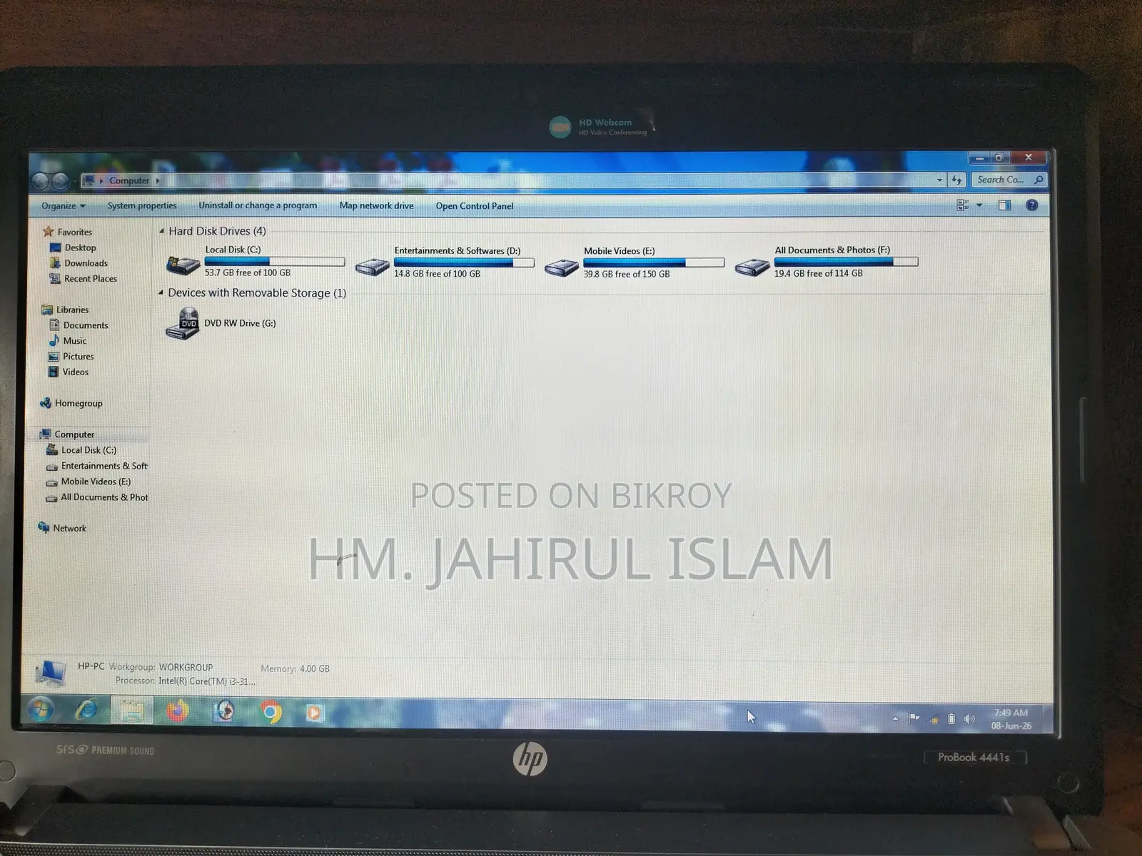 Laptop HP ProBook 4441S 4GB Intel Core I3 HDD 500GB