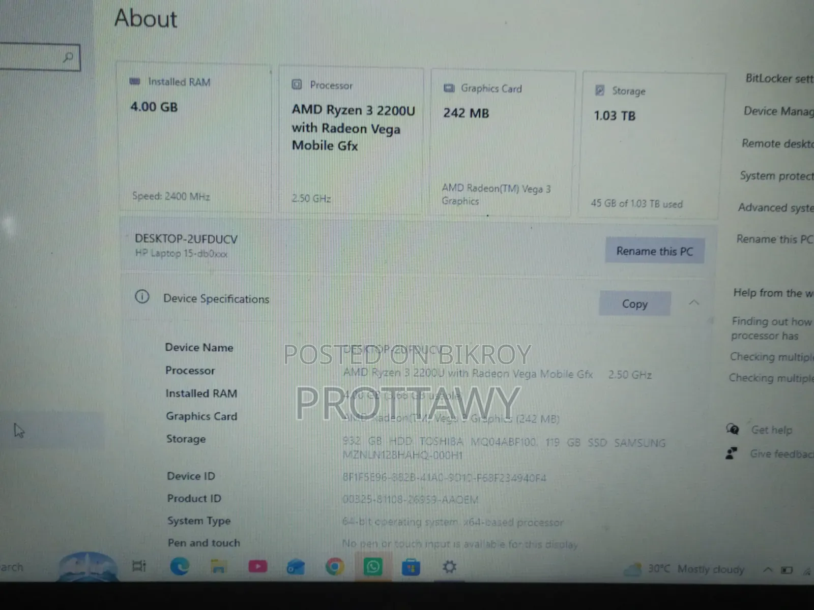 Laptop HP 4GB AMD Ryzen 3 1TB HDD+SSD