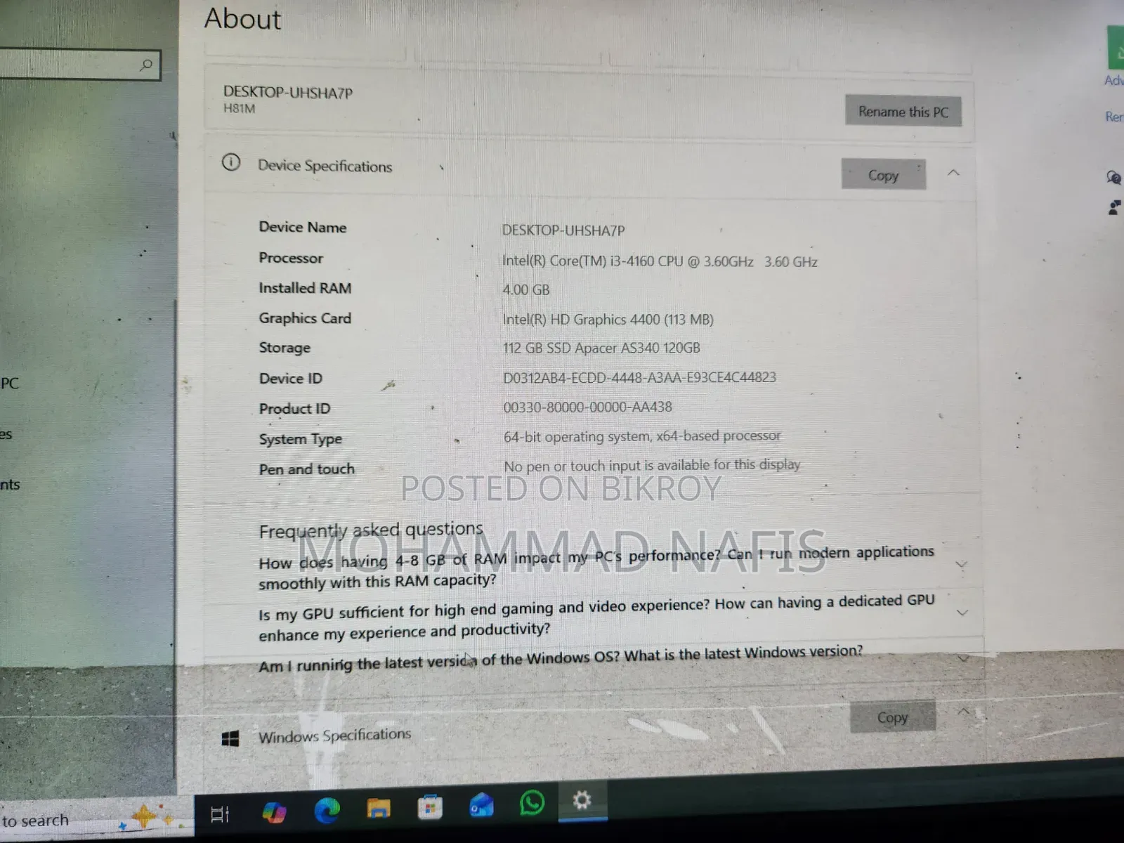 Desktop Computer 4GB Intel Core I3 SSD 128GB
