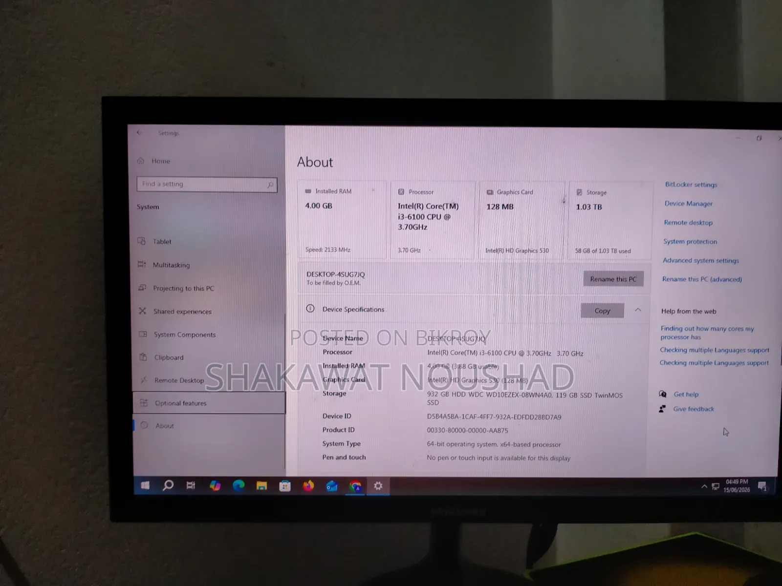 Desktop Computer 4GB Intel Core I3 HDD+SSD 1TB