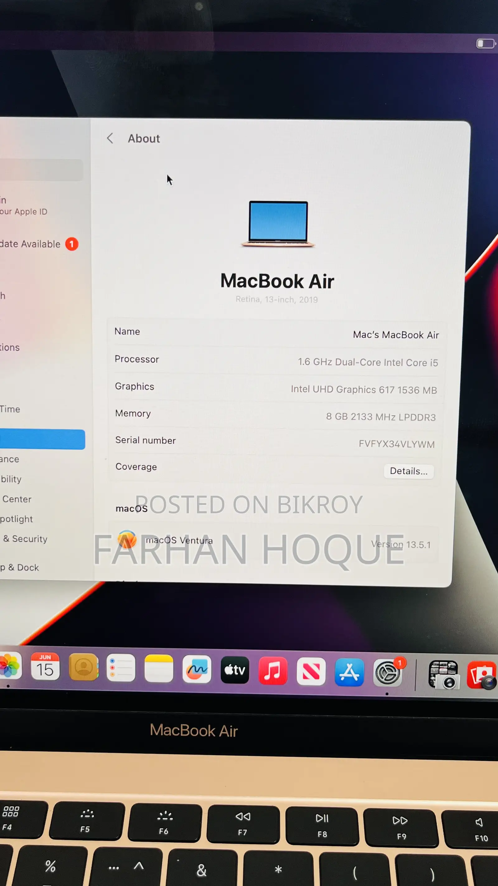 Laptop Apple MacBook Air 2019 8GB Intel Core I5 SSD 256GB