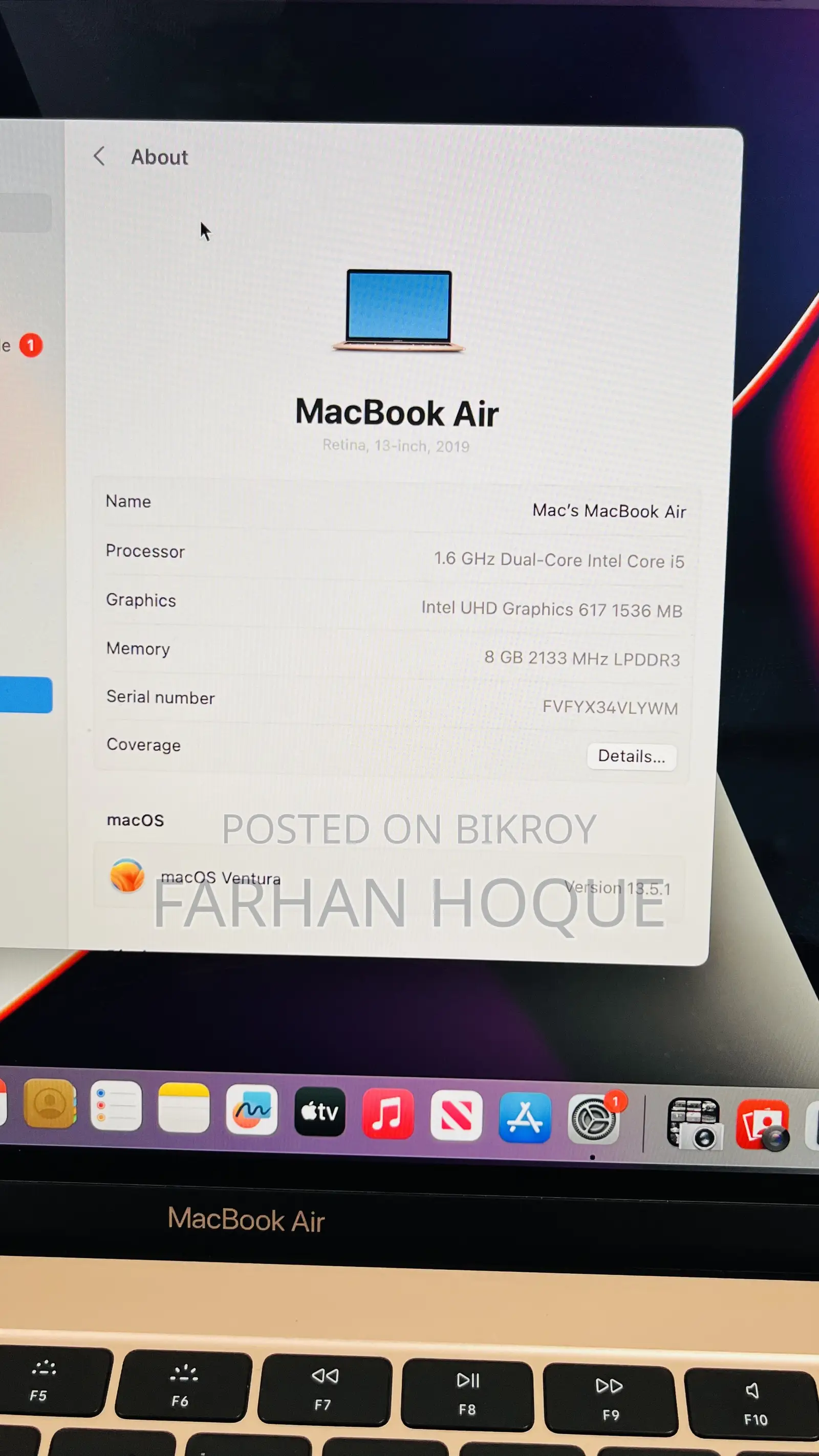 Laptop Apple MacBook Air 2019 8GB Intel Core I5 SSD 256GB