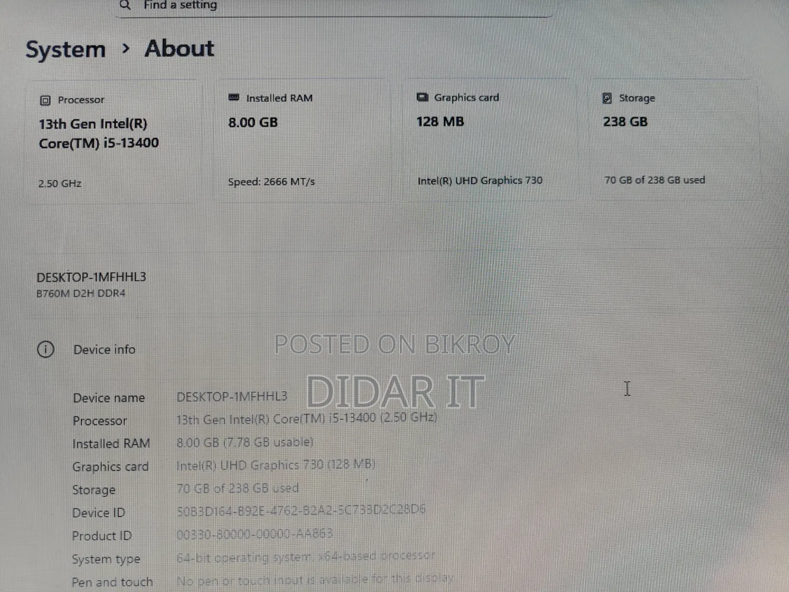 Desktop Computer Gigabyte GB-BKi7T2-7500 8GB Intel Core I5 SSD 256GB