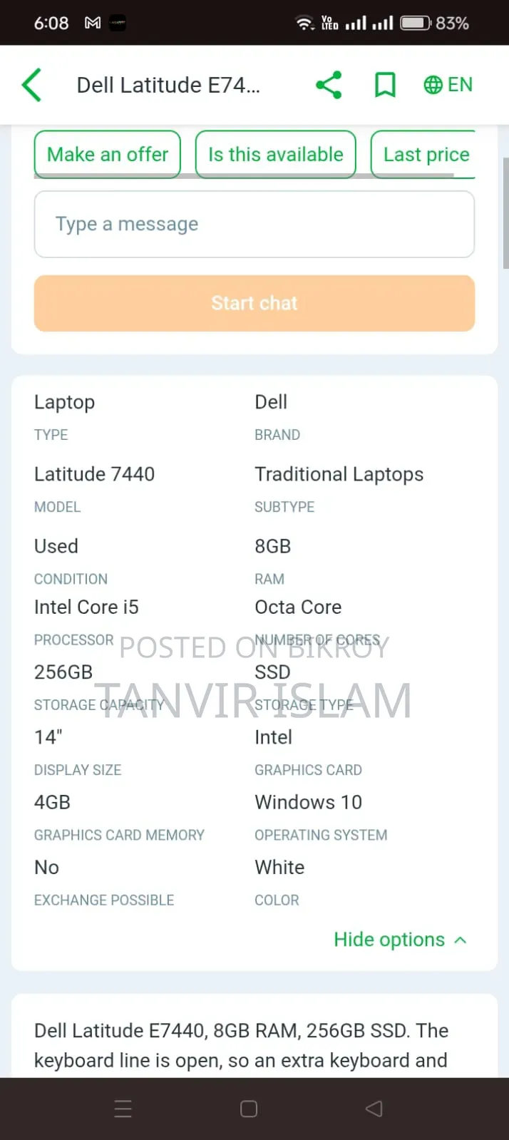 Laptop Dell Latitude 7440 8GB Intel Core I5 SSD 256GB